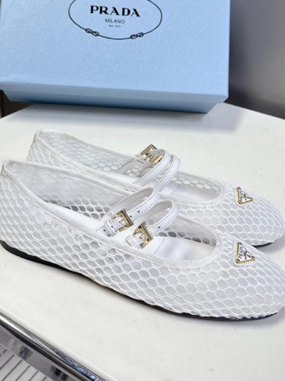 Prada White Mesh Mary Jane Ballet Flats